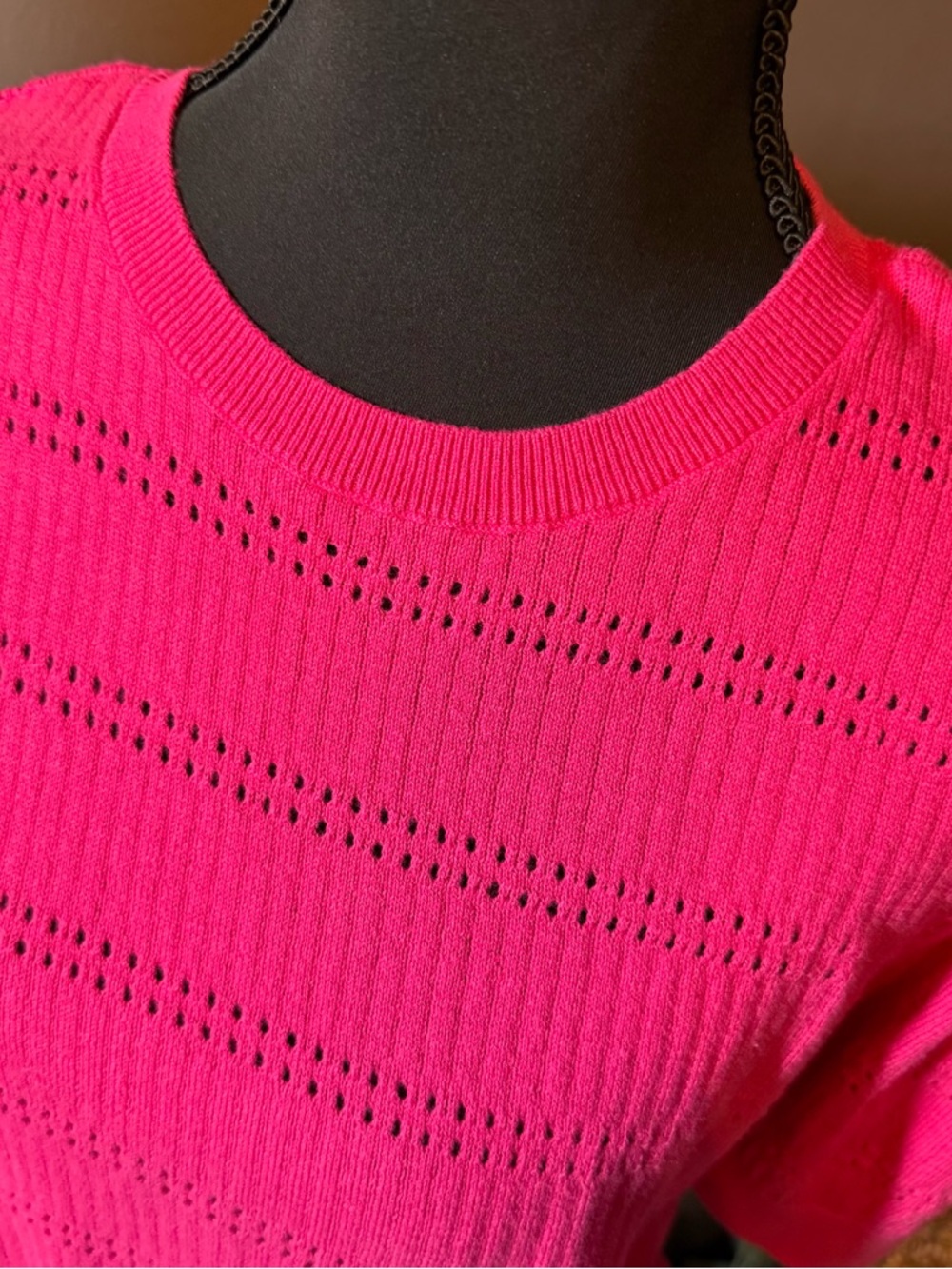 LOFT Bright Pink Short Sleeve Openwork Knit Top - Picture 2 of 4